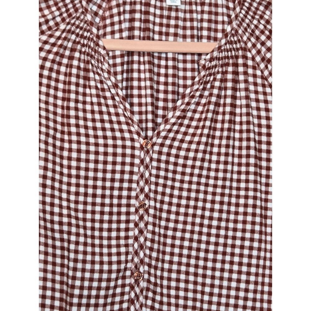 Market & Spruce Womens XL Red Brown Gingham Button Front Blouse Smocked Cuff - Picture 3 of 8